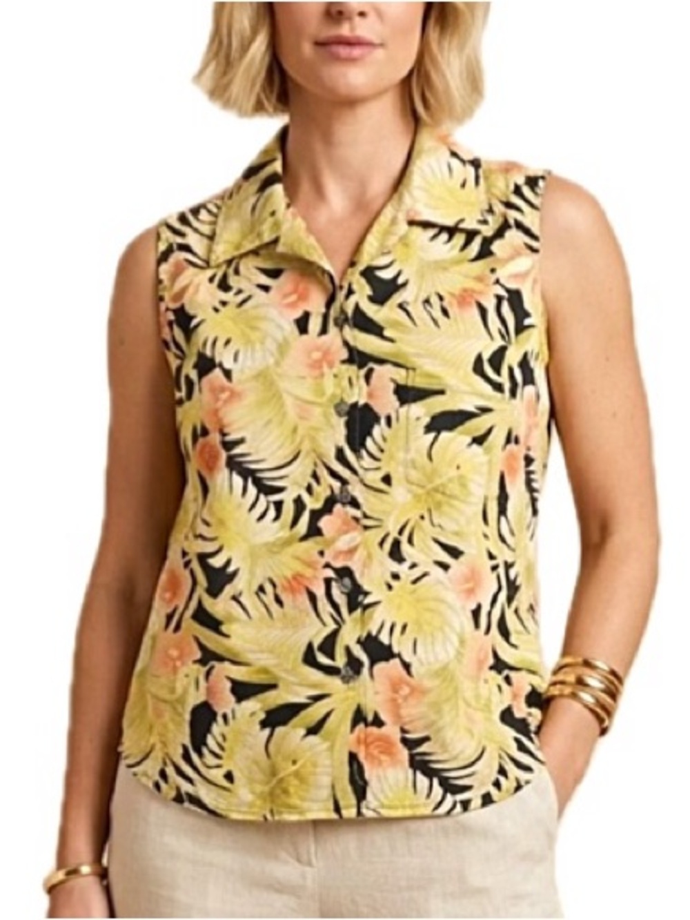 Tori Richard Womens Hawaiian Floral Print Sleeveless Button Down Shirt Size 8